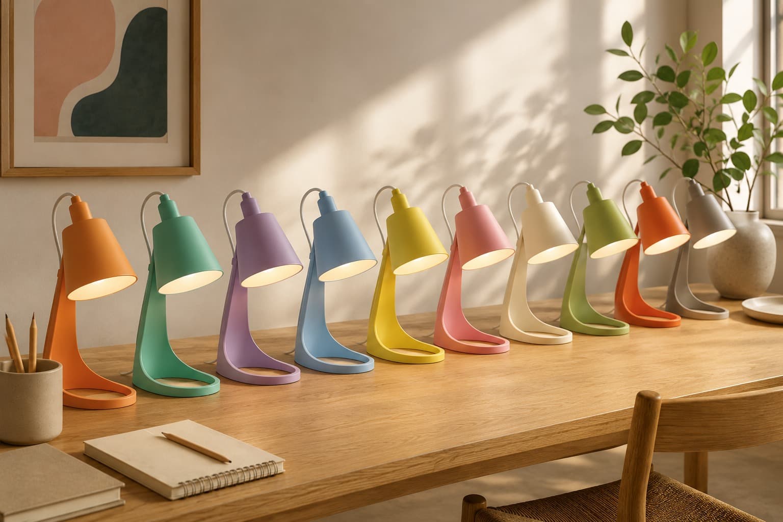 Una fila de lámparas Arquera en todos sus colores sobre una mesa