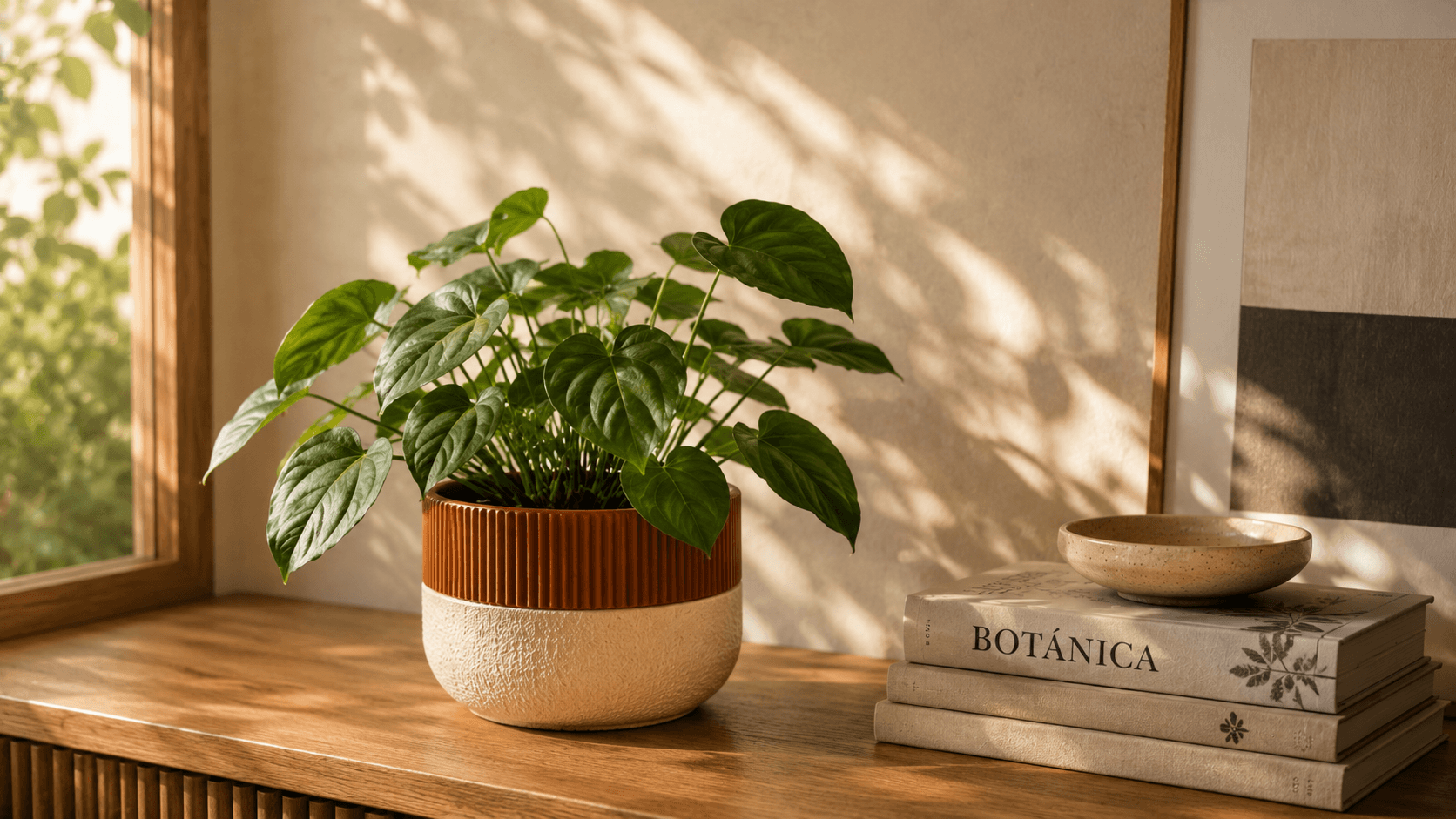 Macetero Arquera con una planta junto a una ventana
